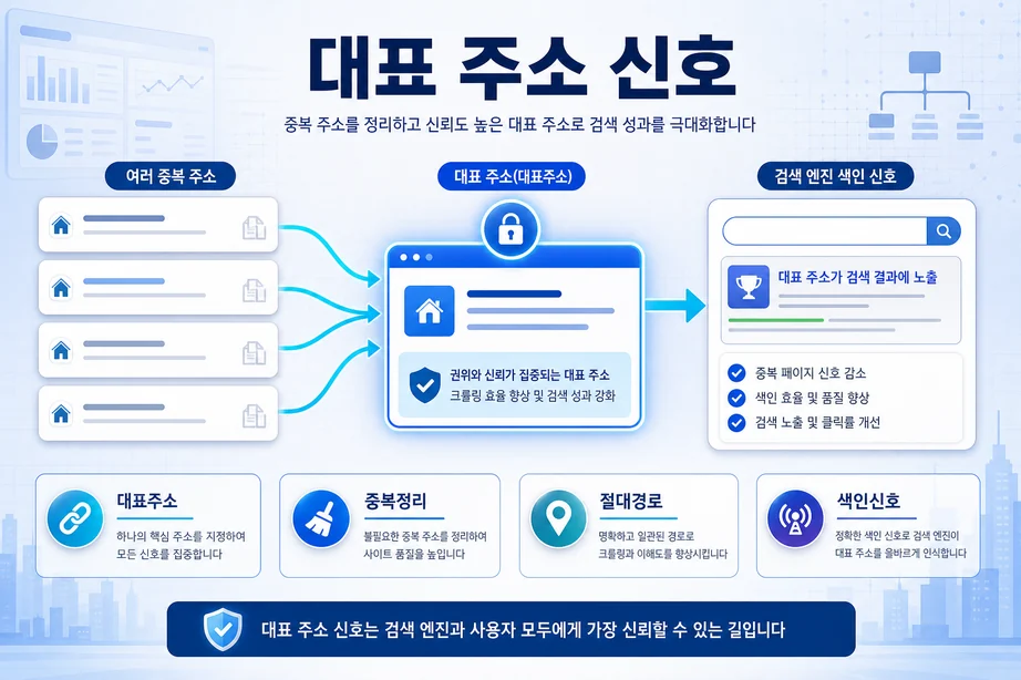 canonical 대표 주소 신호와 URL 중복 정리를 설명하는 이미지