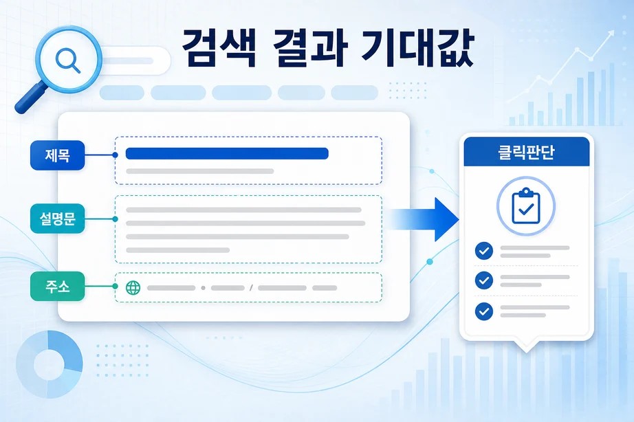 검색 결과 문구와 클릭 판단 흐름을 설명하는 SEO 메타태그 이미지