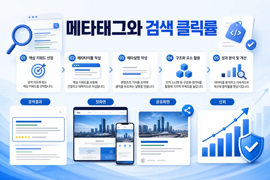 SEO 메타태그 작성법과 검색 클릭률 개선 기준을 설명하는 와우애드 이미지
