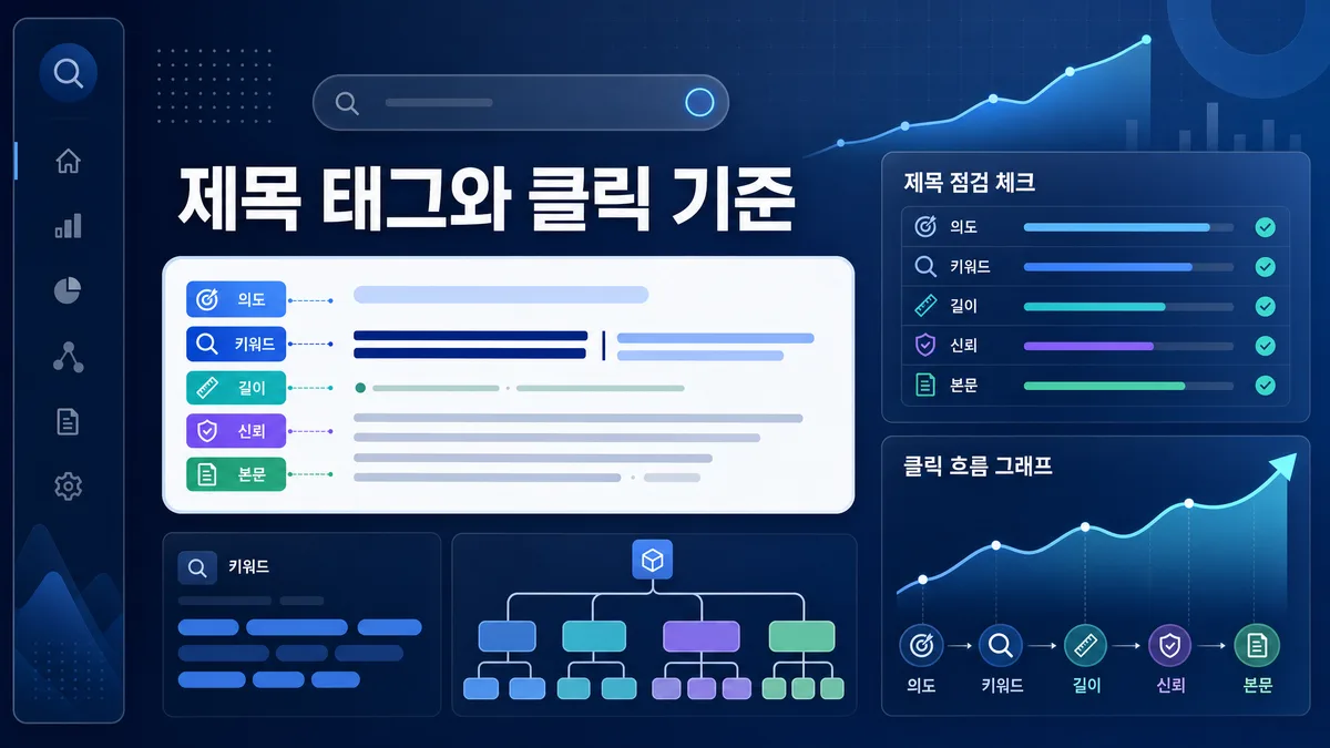 SEO 제목 태그 작성법과 검색 결과 클릭 기준을 설명하는 와우애드 이미지